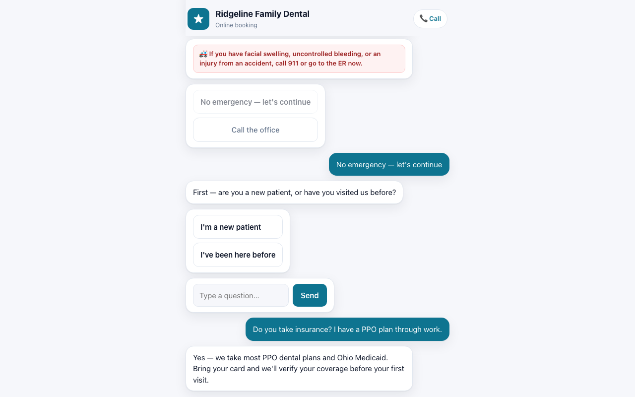 The branded concierge chat answering an insurance question for the fictional practice