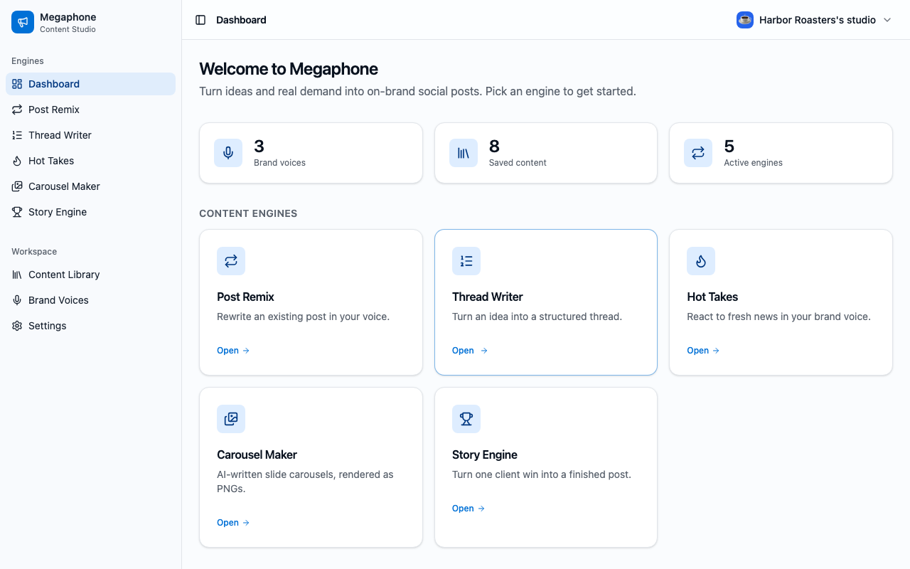 The Megaphone dashboard with the content engines for the fictional Harbor Roasters studio