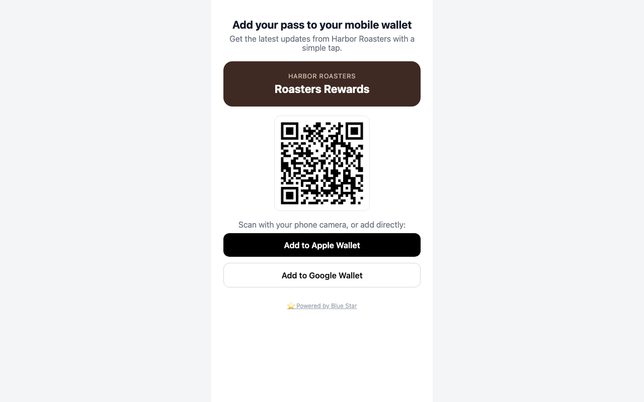 The public install page with the Harbor Roasters pass, QR code, and both wallet buttons